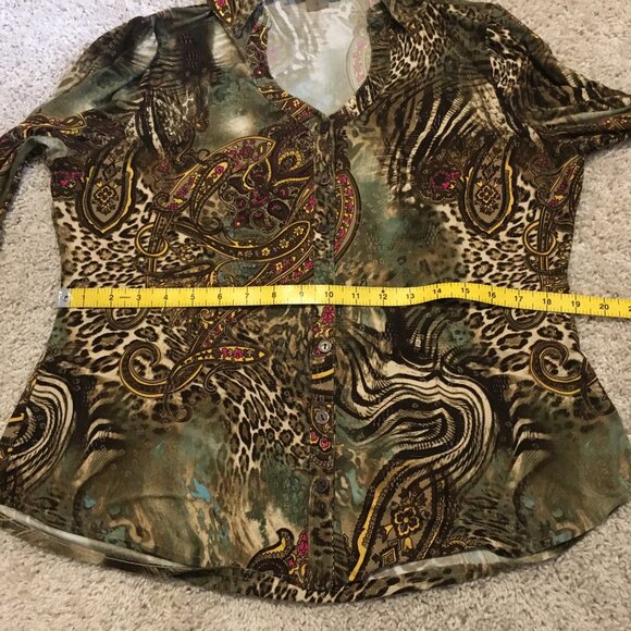 Vintage Y2K Animal Paisley Print Ruched Sleeve Button Up Top - Picture 13 of 16